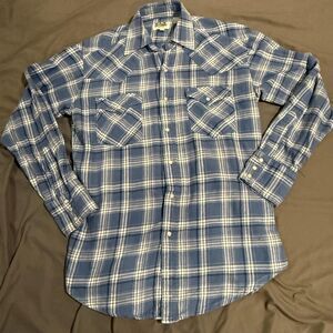 Ely Cattleman Shirt Mens SMLRG Blue Plaid Long Sleeve Button Up Flannel Cotton